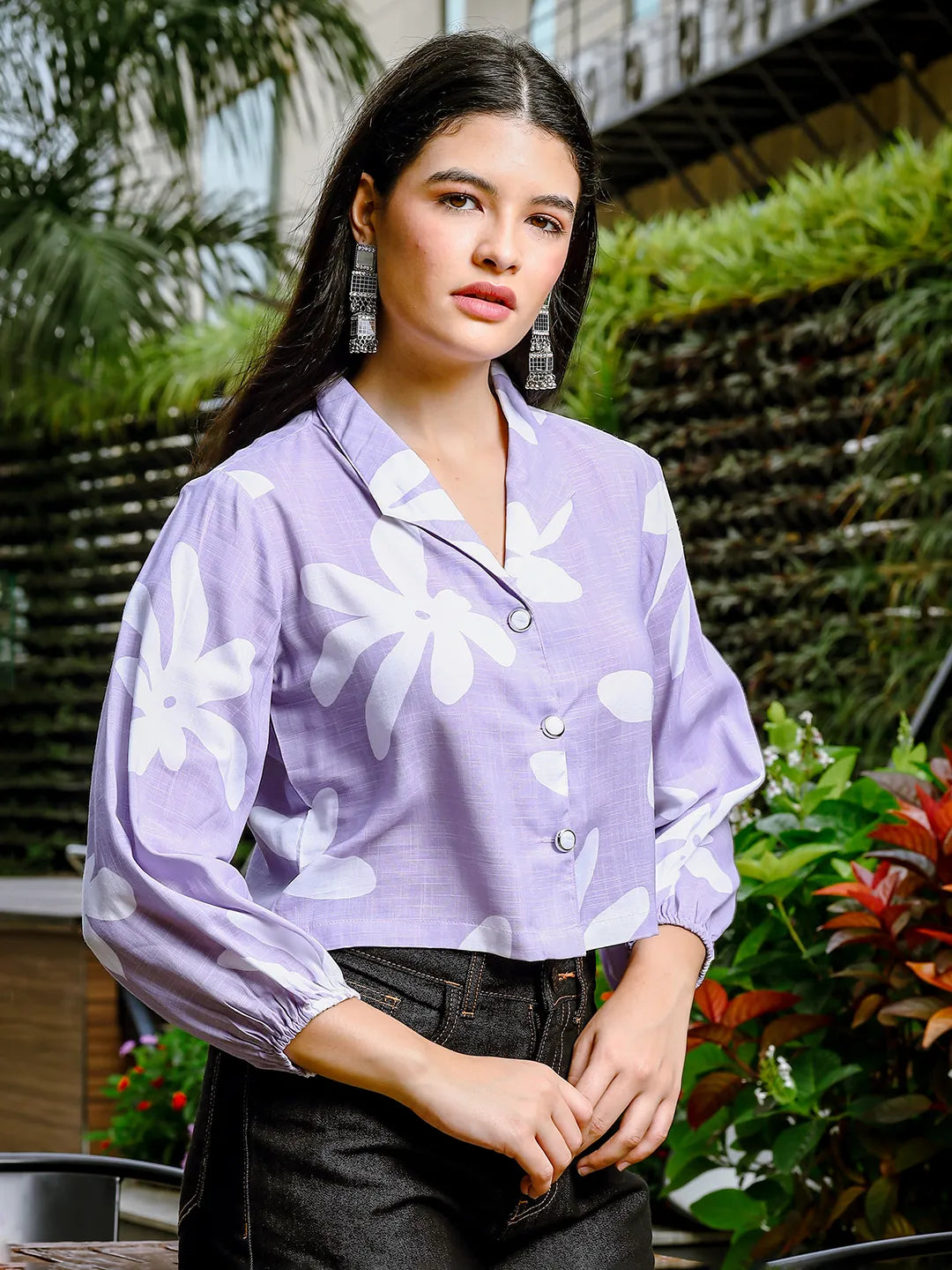 Lavender Cotton Linen Bishop  Sleeve Formal Shirt Style Top