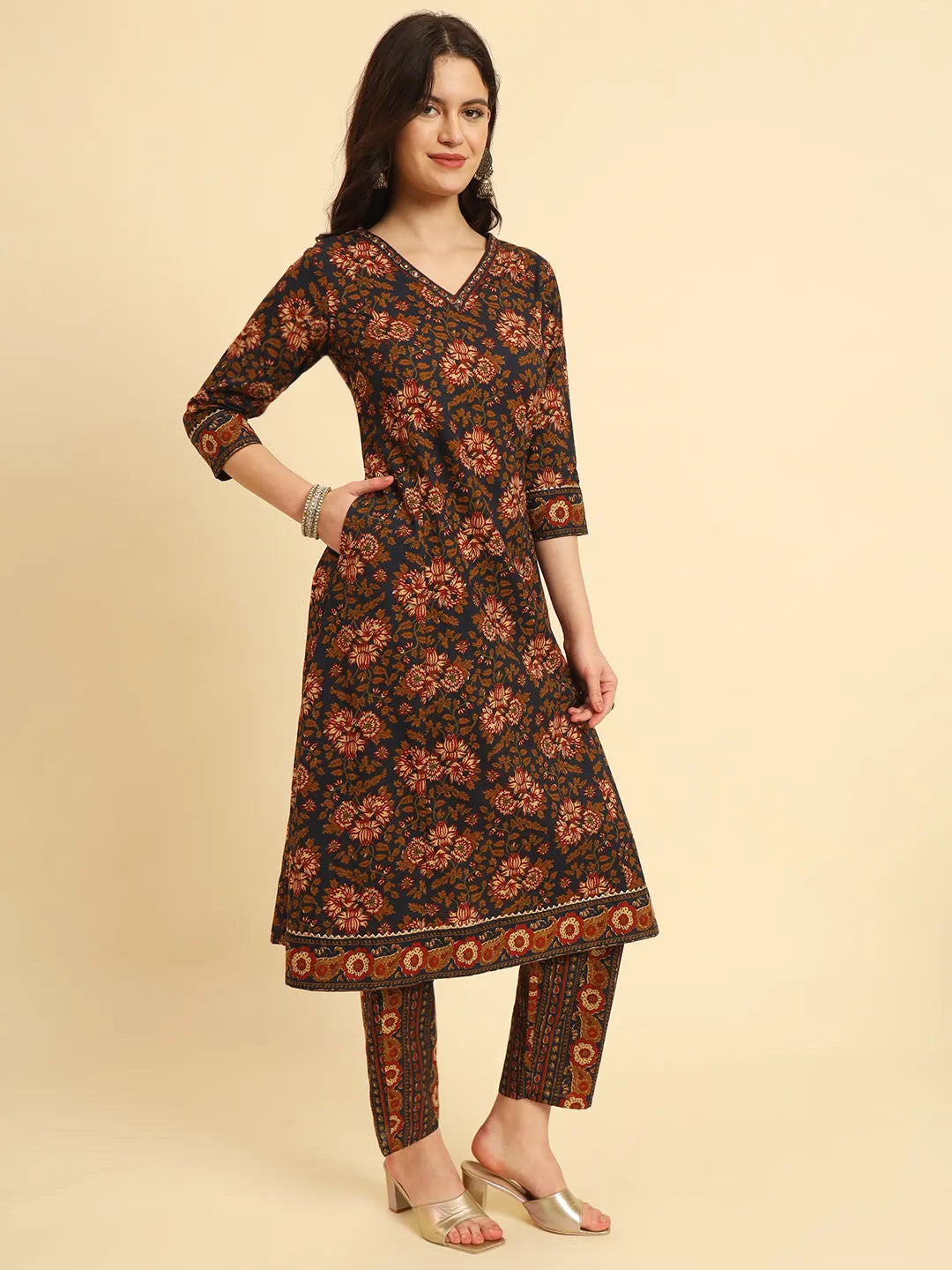 Navy Blue Pure Cotton Floral Sequins Worky Kurta Set With Dupatta