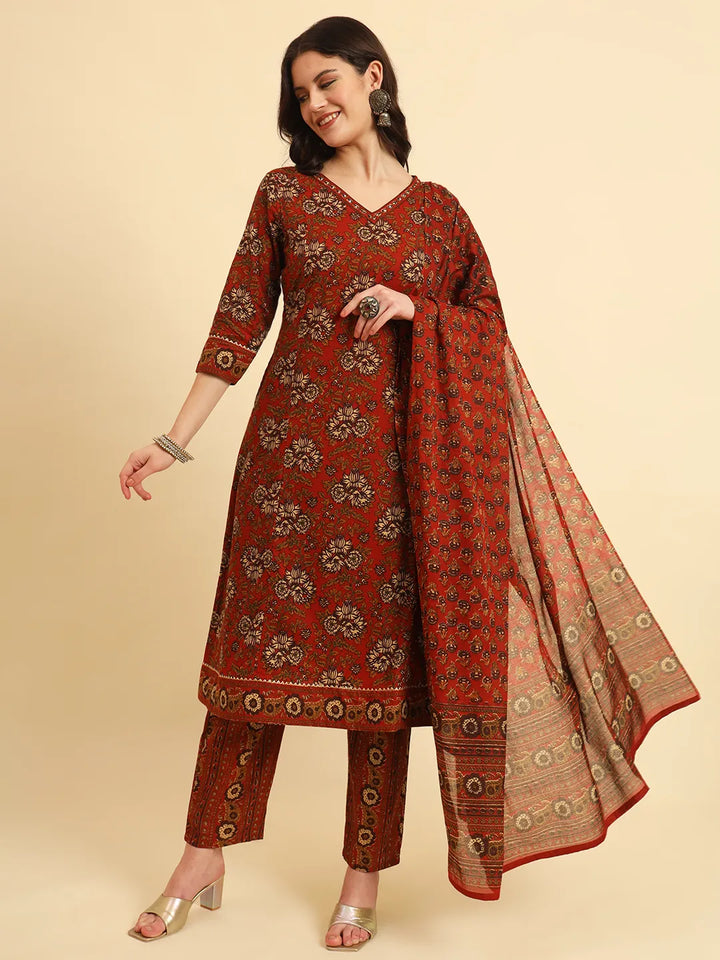 Red Pure Cotton Floral Sequins Work Kurta Set With Dupatta