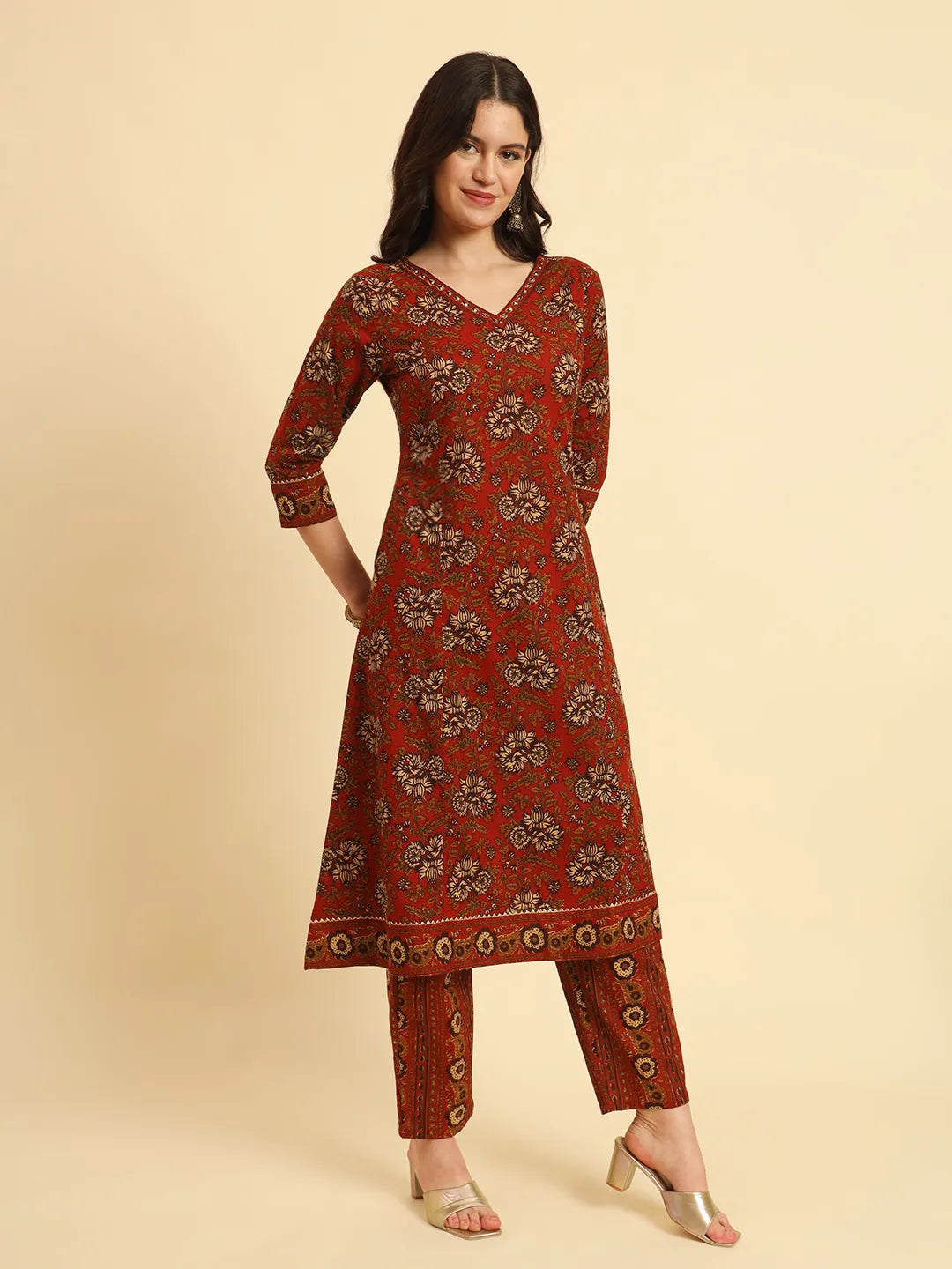 Red Pure Cotton Floral Sequins Work Kurta Set With Dupatta