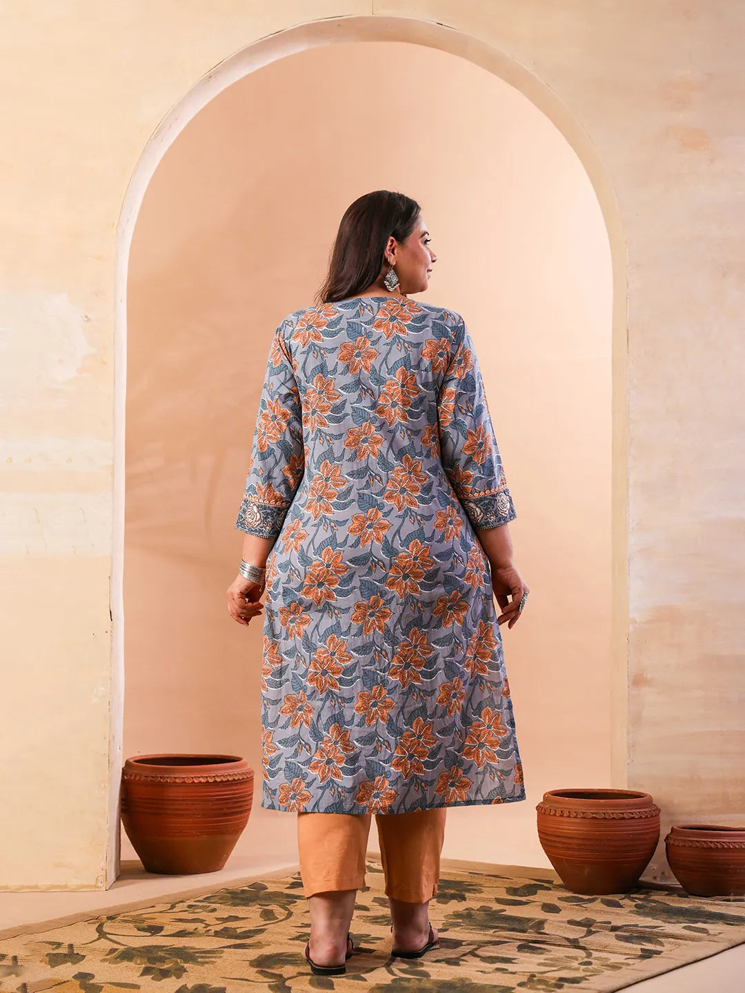 Grey Hand Embroidery Cotton Plus Size Straight Kurta Orange Trouser Dupatta Set