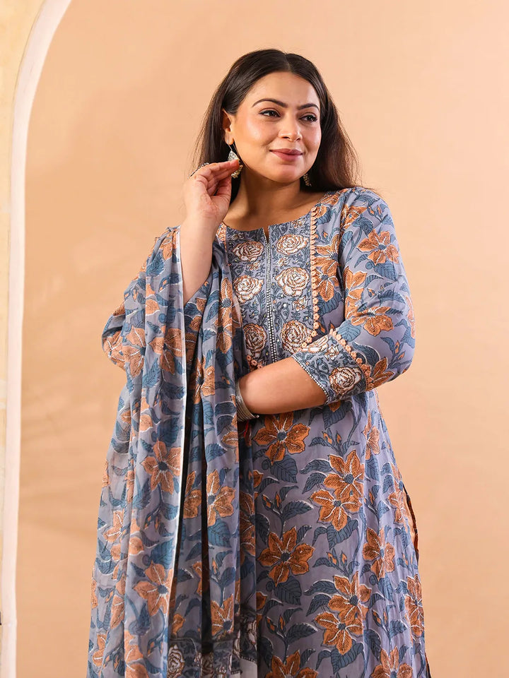 Grey Hand Embroidery Cotton Plus Size Straight Kurta Orange Trouser Dupatta Set