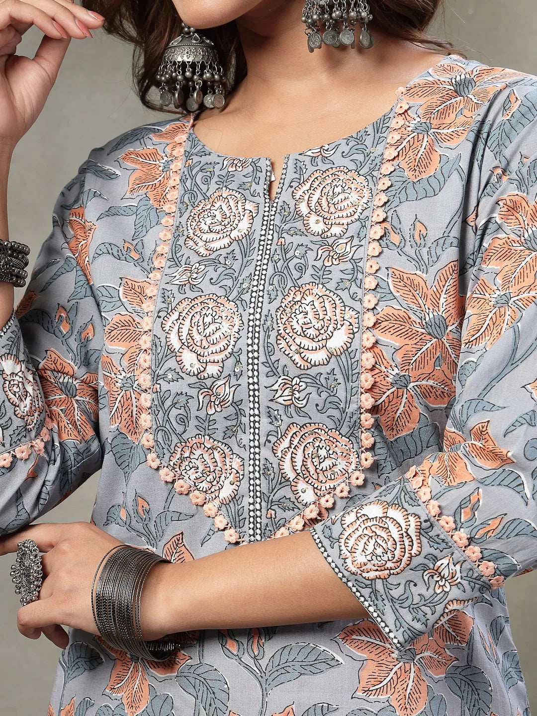 Grey Hand-Embroidery Cotton Straight Kurta Orange Trouser Dupatta Set