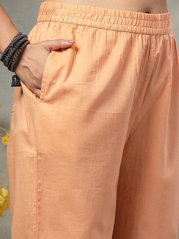 Grey Hand-Embroidery Cotton Straight Kurta Orange Trouser Dupatta Set