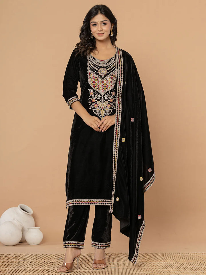 Black Velvet Embroidered A Have Cotton Lining Kurta Dupatta Set