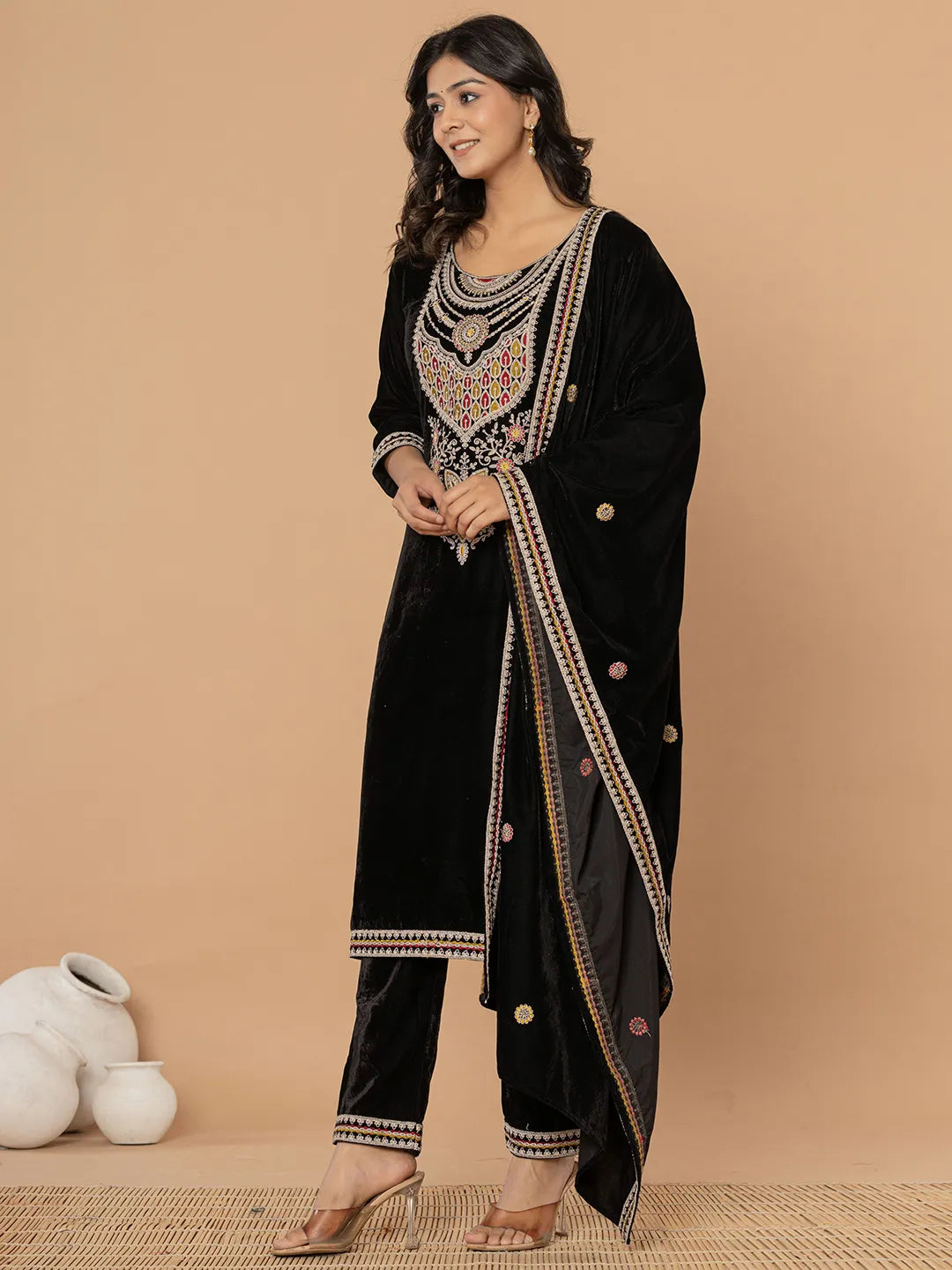 Black Velvet Embroidered A Have Cotton Lining Kurta Dupatta Set