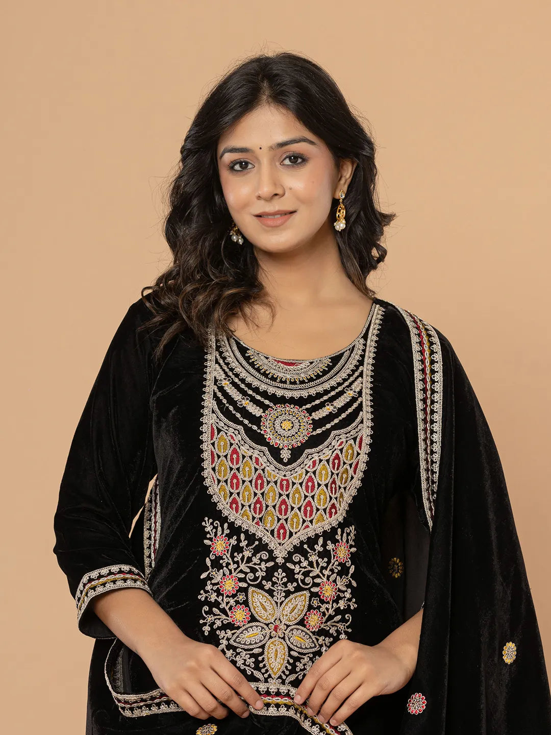 Black Velvet Embroidered A Have Cotton Lining Kurta Dupatta Set