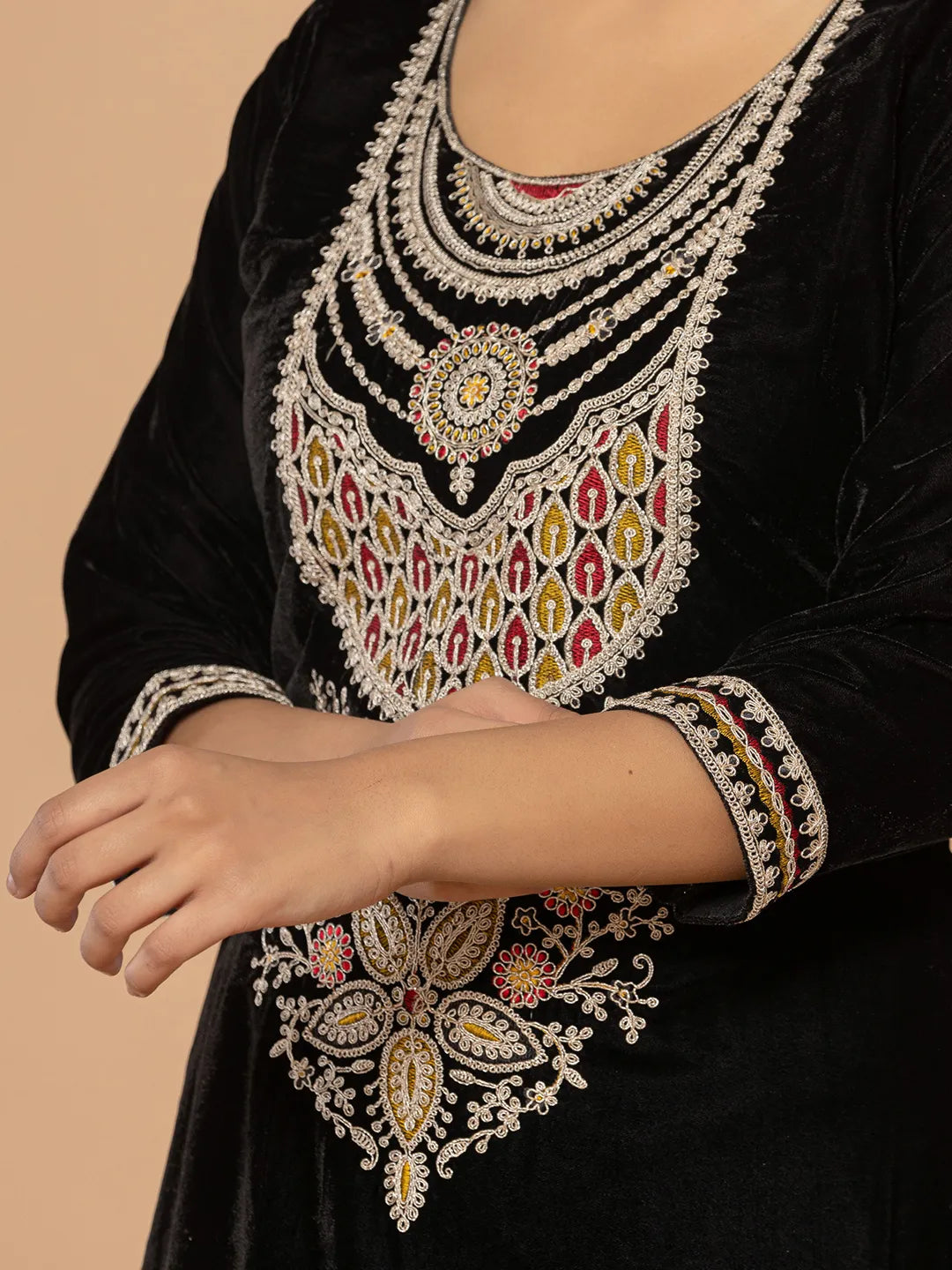 Black Velvet Embroidered A Have Cotton Lining Kurta Dupatta Set