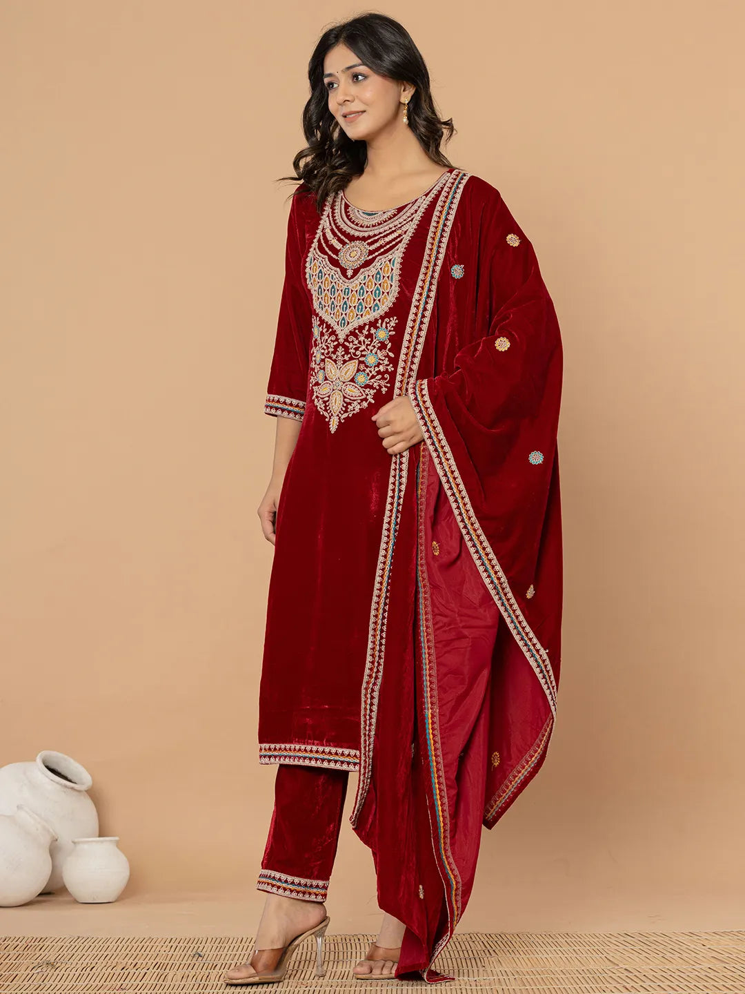 Maroon Velvet Embroidered A Have Cotton Lining Kurta Dupatta Set