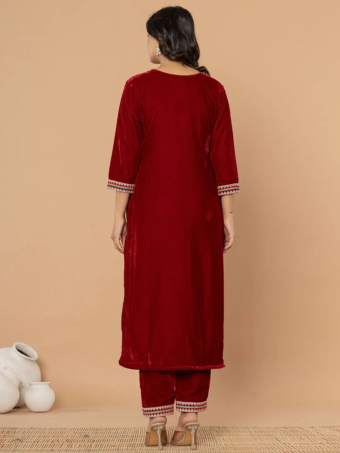 Maroon Velvet Embroidered A Have Cotton Lining Kurta Dupatta Set