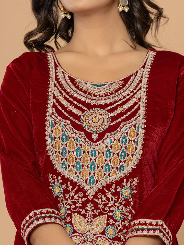 Maroon Velvet Embroidered A Have Cotton Lining Kurta Dupatta Set