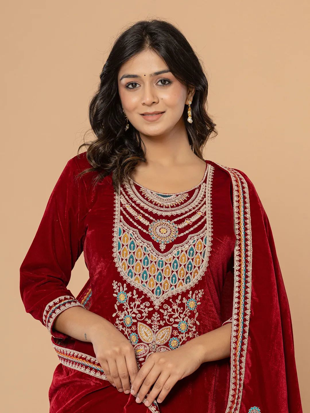 Maroon Velvet Embroidered A Have Cotton Lining Kurta Dupatta Set