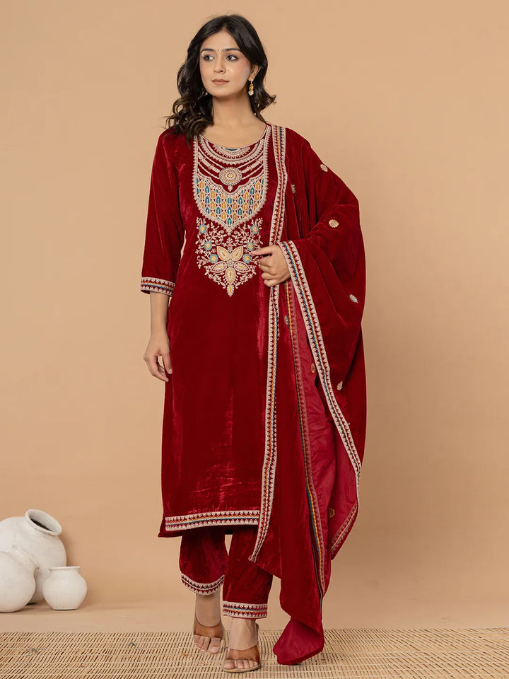 Maroon Velvet Embroidered A Have Cotton Lining Kurta Dupatta Set