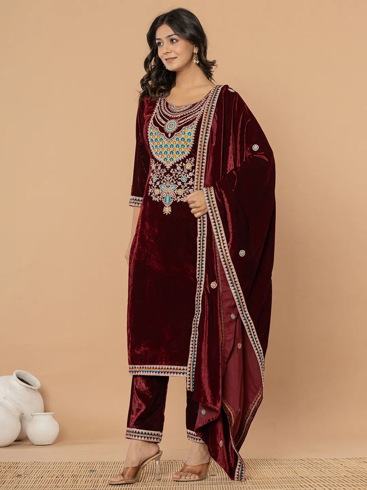 Burgundy Velvet Embroidered A Have Cotton Lining Kurta Dupatta Set