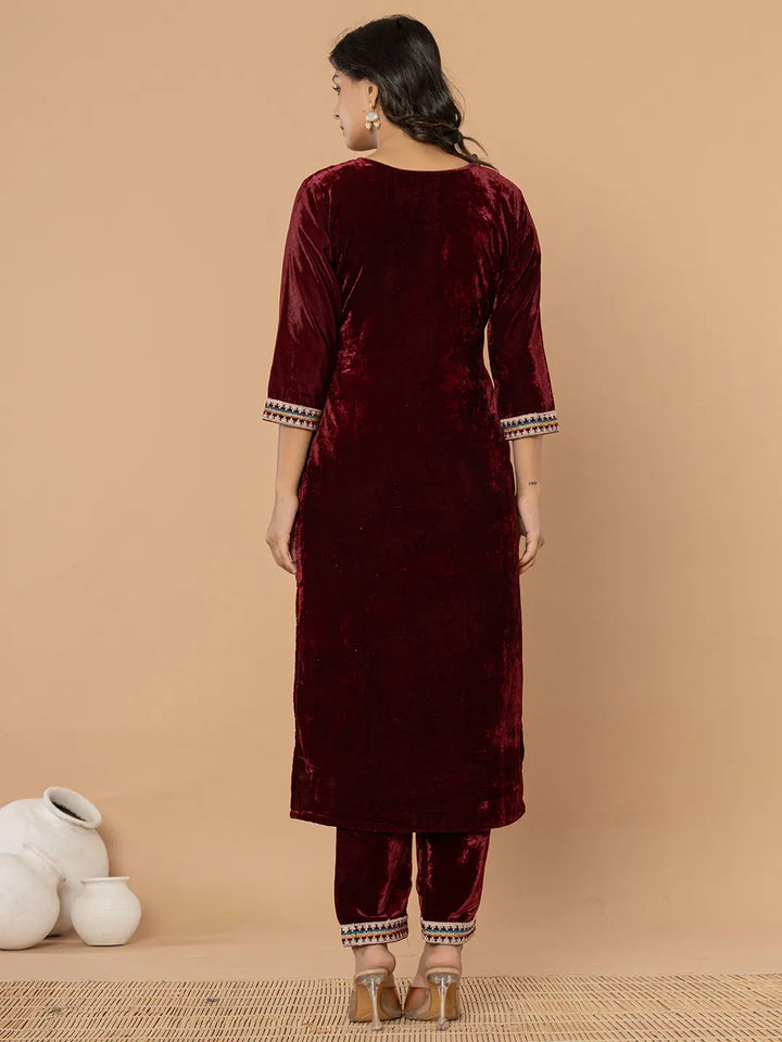 Burgundy Velvet Embroidered A Have Cotton Lining Kurta Dupatta Set