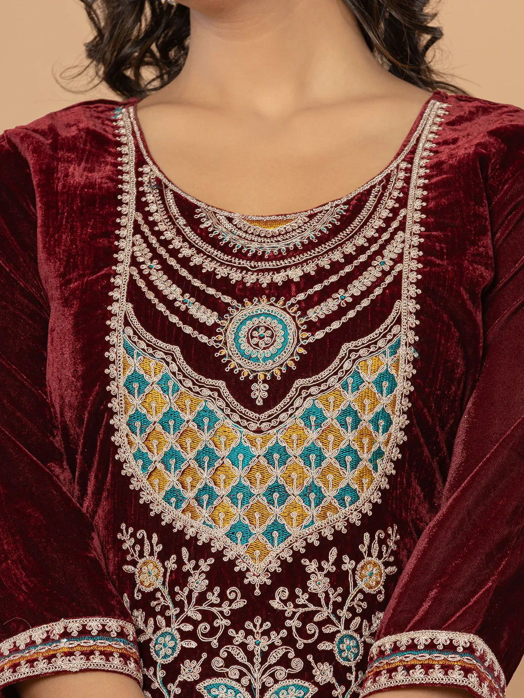 Burgundy Velvet Embroidered A Have Cotton Lining Kurta Dupatta Set