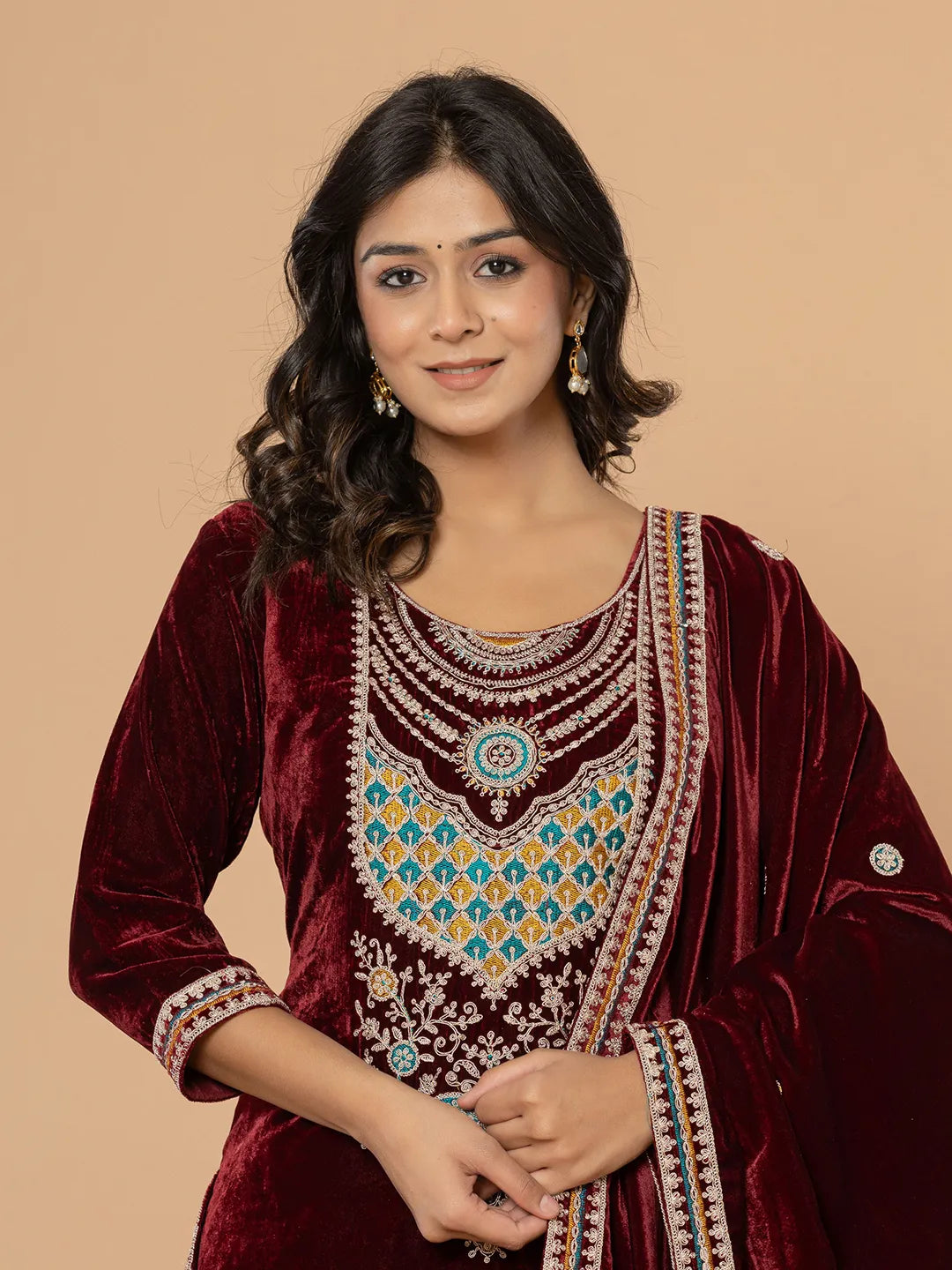 Burgundy Velvet Embroidered A Have Cotton Lining Kurta Dupatta Set