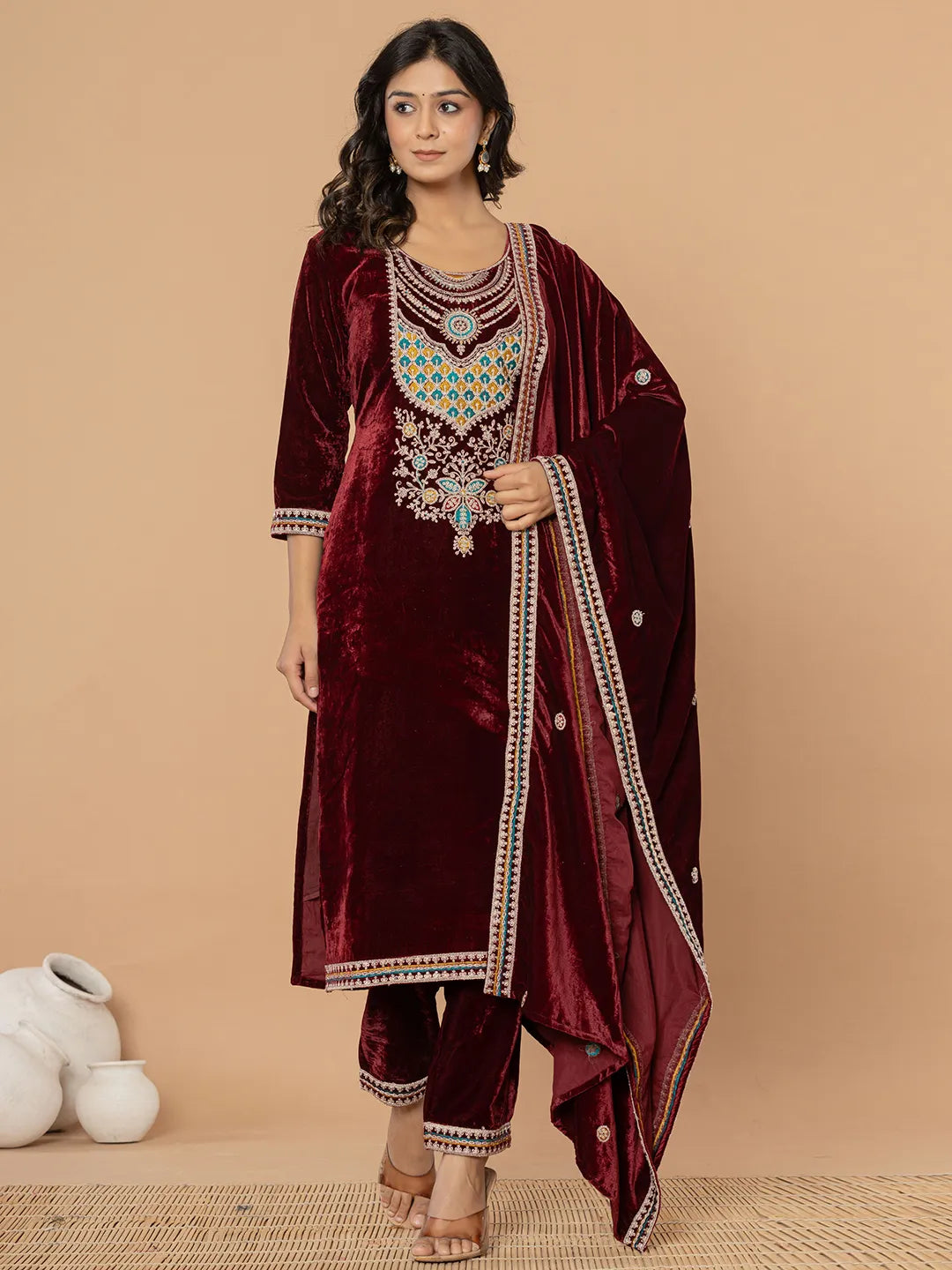 Burgundy Velvet Embroidered A Have Cotton Lining Kurta Dupatta Set