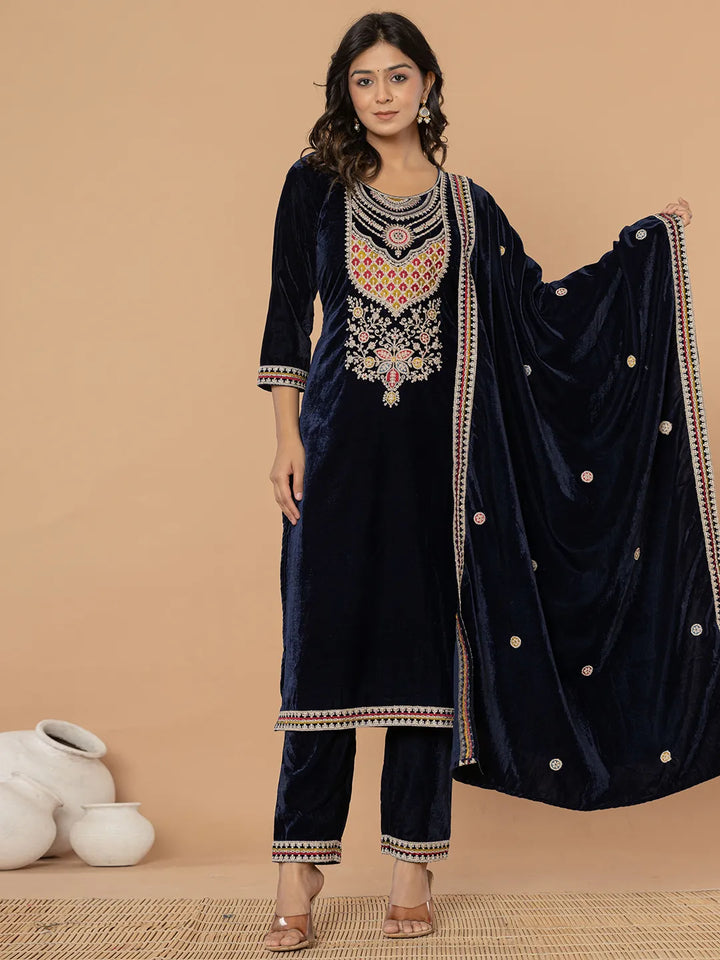 Navy Blue Velvet Embroidered A Have Cotton Lining Kurta Dupatta Set