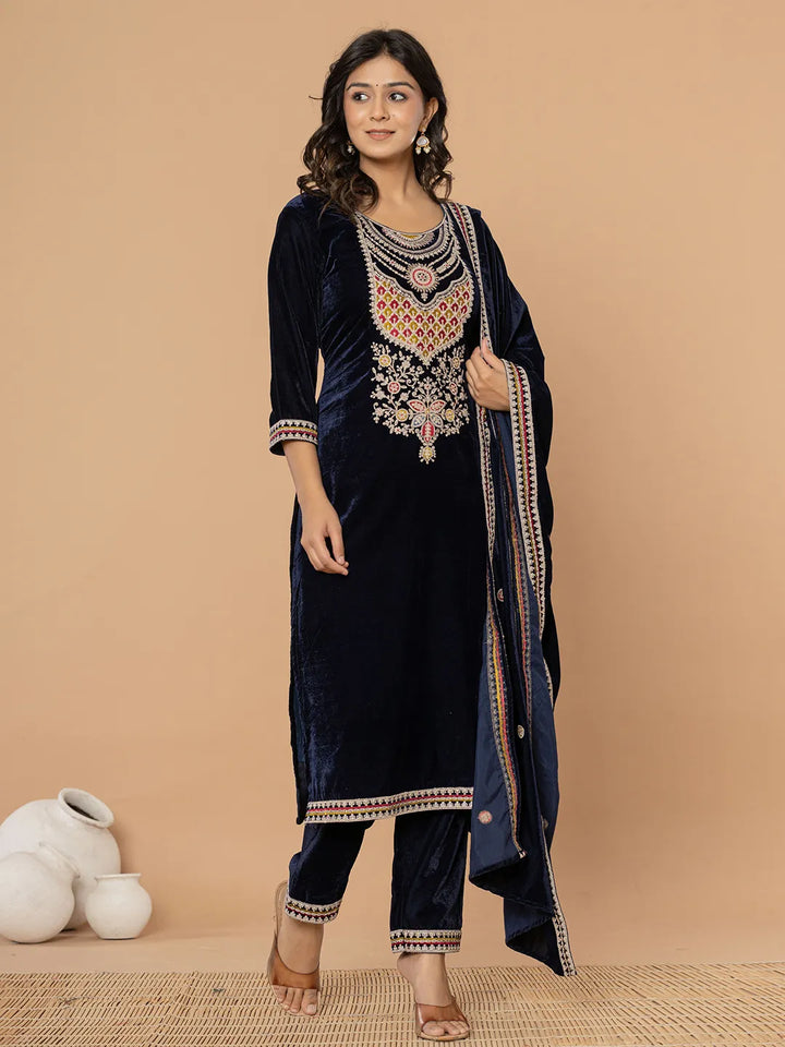 Navy Blue Velvet Embroidered A Have Cotton Lining Kurta Dupatta Set