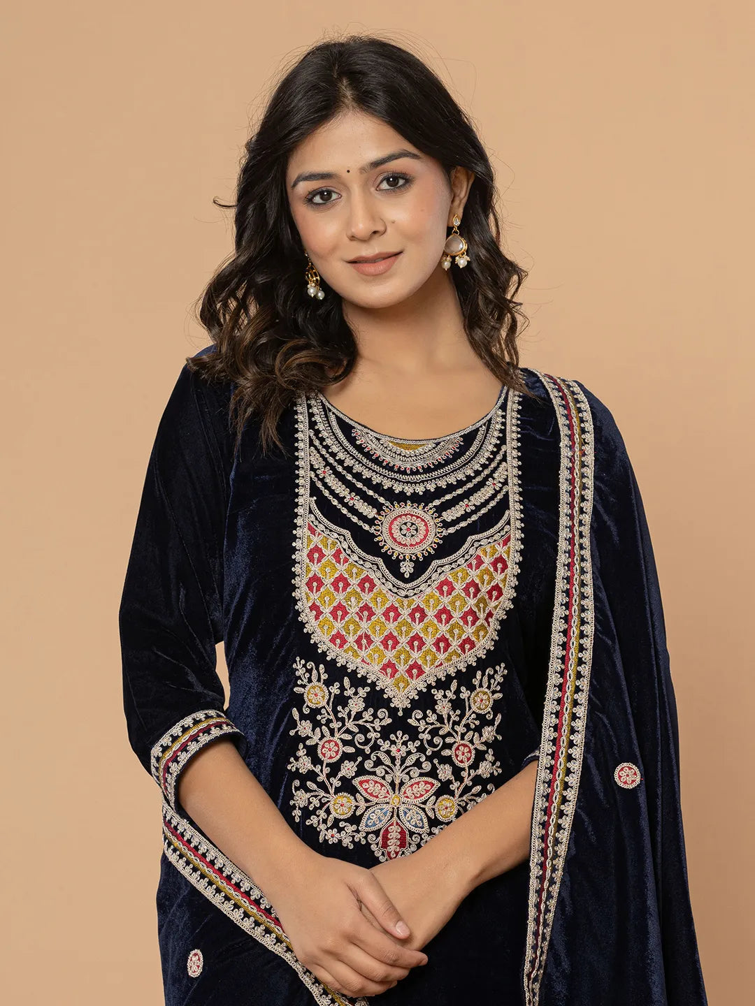 Navy Blue Velvet Embroidered A Have Cotton Lining Kurta Dupatta Set