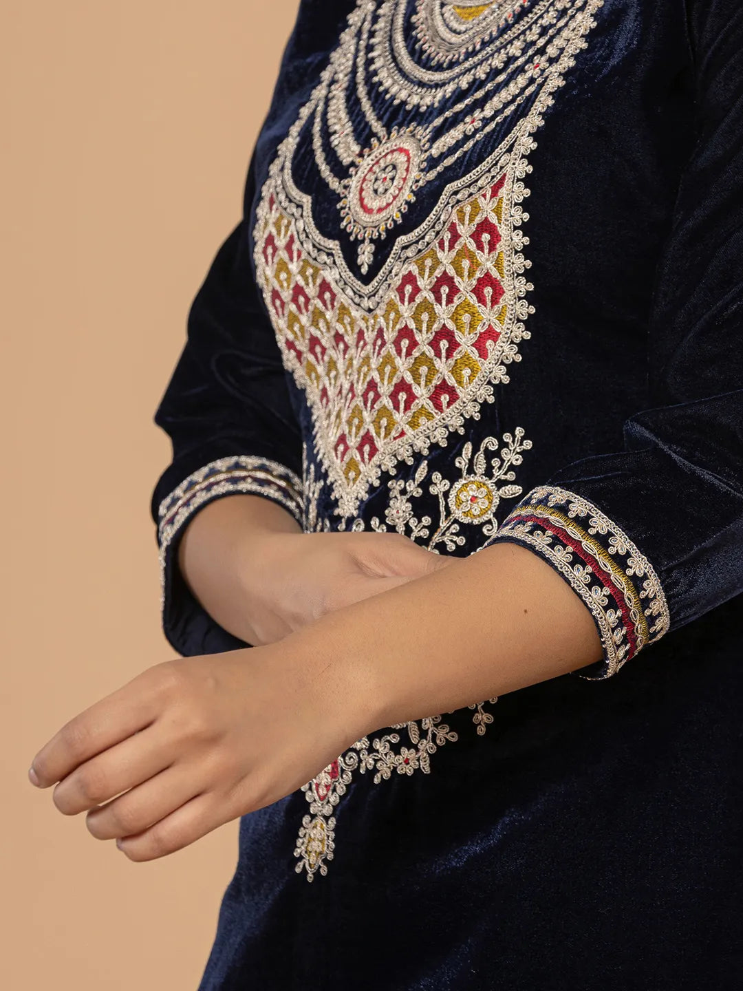 Navy Blue Velvet Embroidered A Have Cotton Lining Kurta Dupatta Set