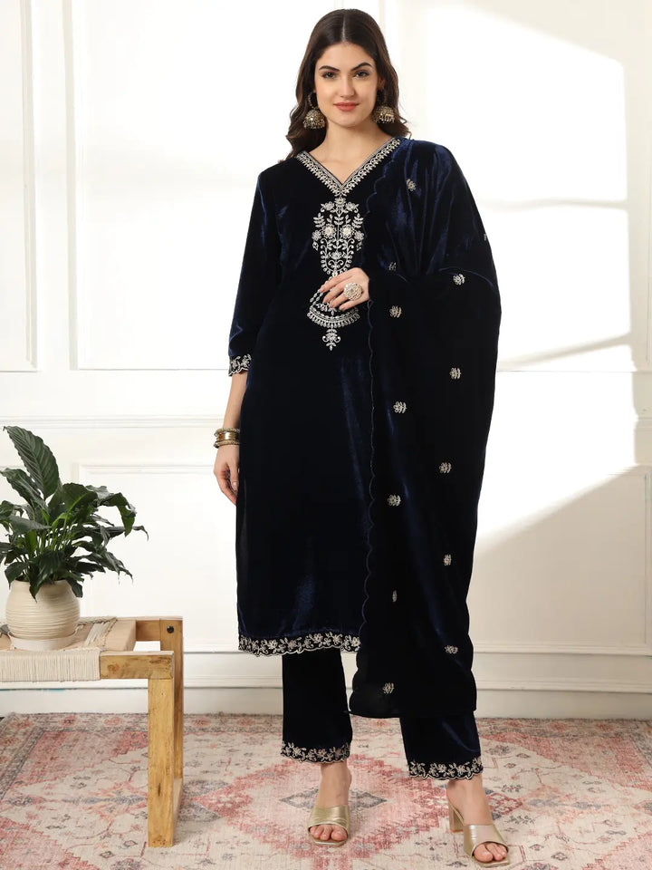 Velvet Navy Blue Kurta Dupatta Set With Embroidery