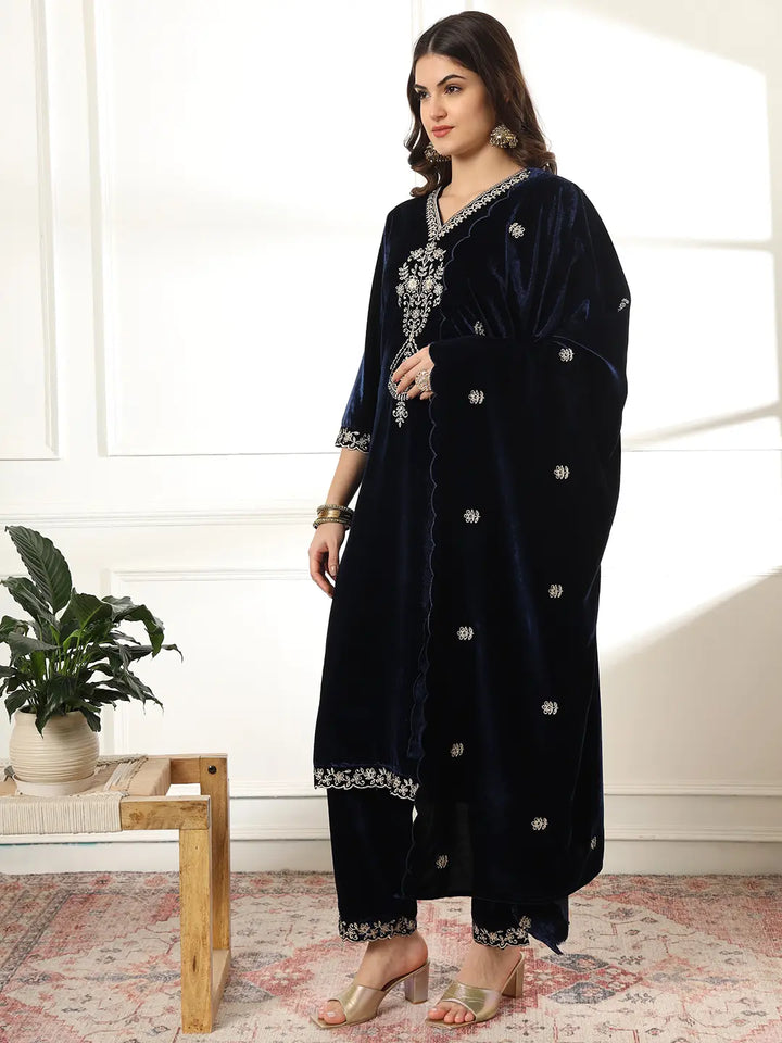 Velvet Navy Blue Kurta Dupatta Set With Embroidery