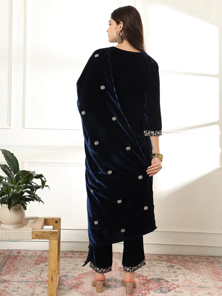 Velvet Navy Blue Kurta Dupatta Set With Embroidery