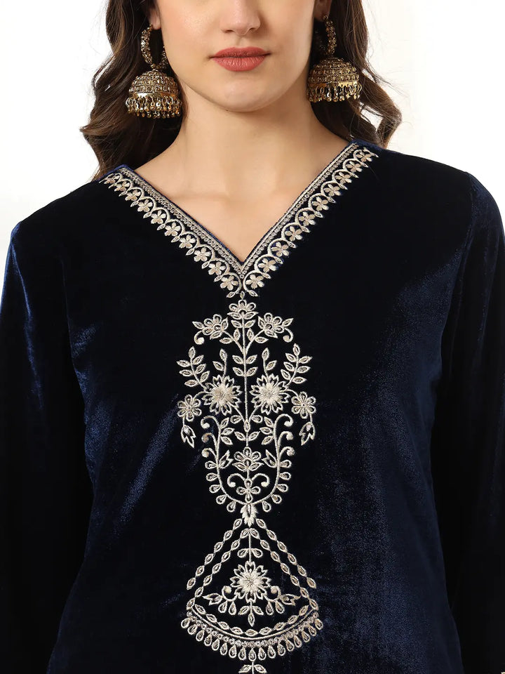 Velvet Navy Blue Kurta Dupatta Set With Embroidery