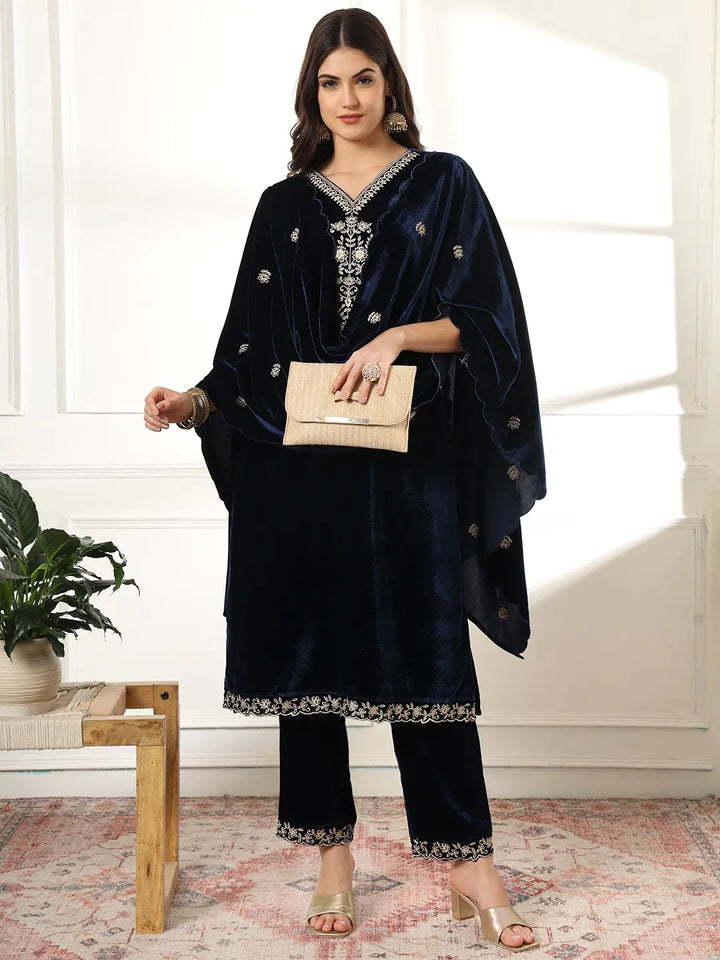 Velvet Navy Blue Kurta Dupatta Set With Embroidery