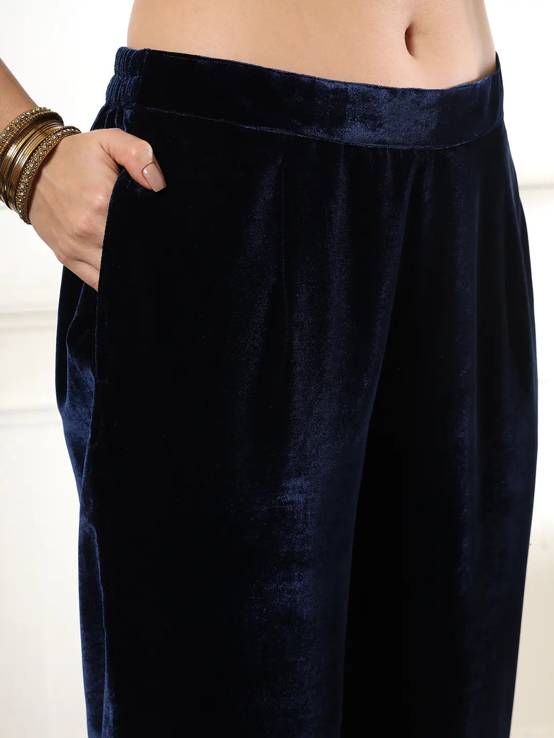 Velvet Navy Blue Kurta Dupatta Set With Embroidery