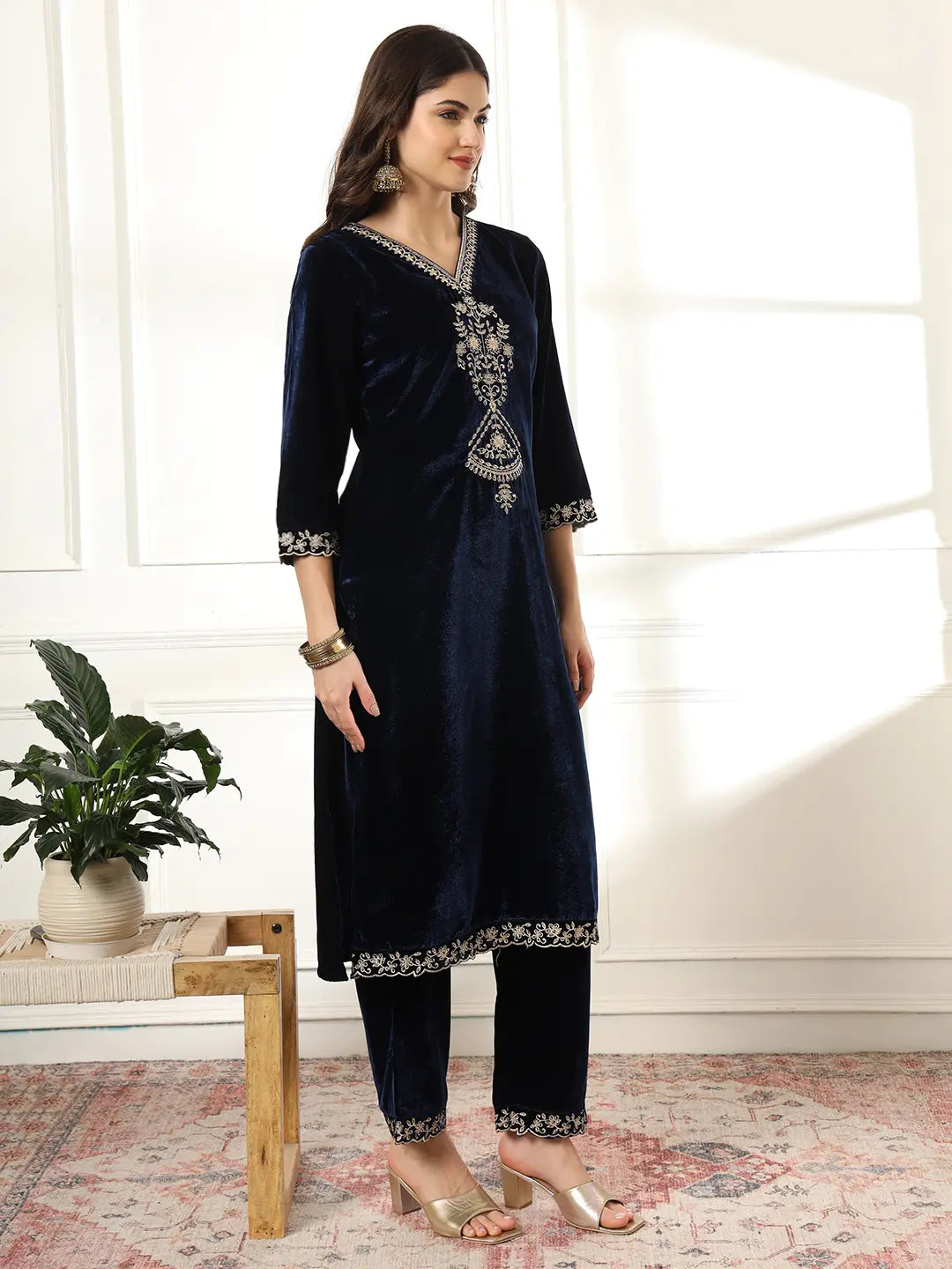 Velvet Navy Blue Kurta Dupatta Set With Embroidery