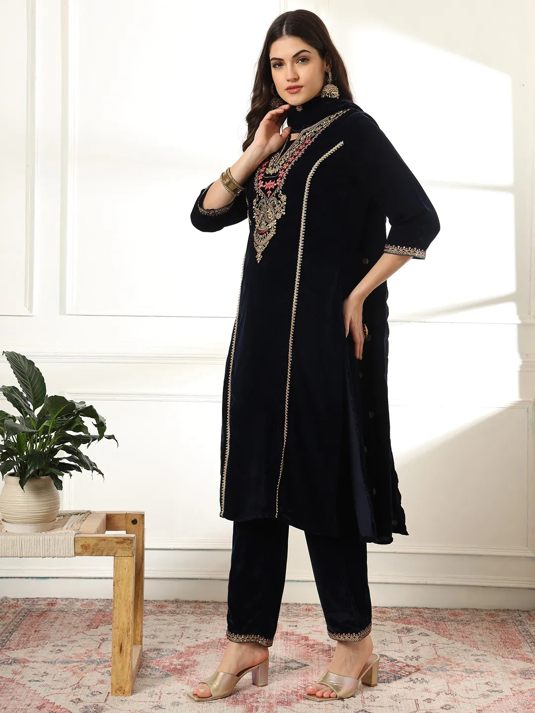 Velvet Black Kurta Dupatta Set With Embroidery