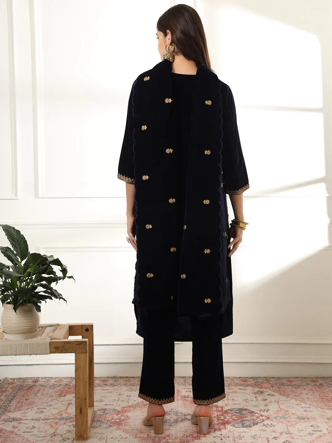 Velvet Black Kurta Dupatta Set With Embroidery