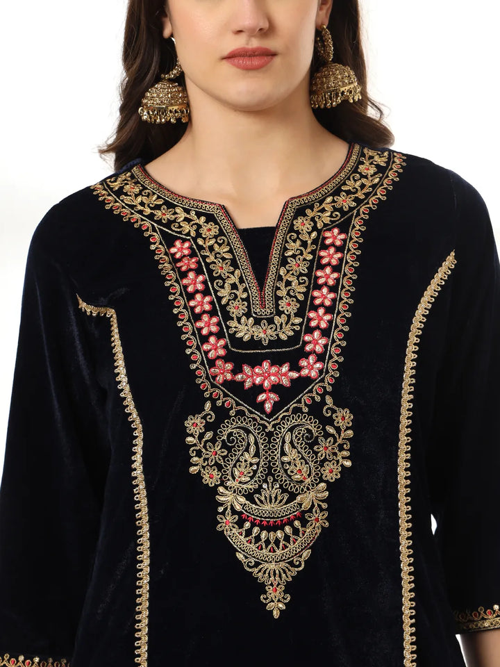 Velvet Black Kurta Dupatta Set With Embroidery