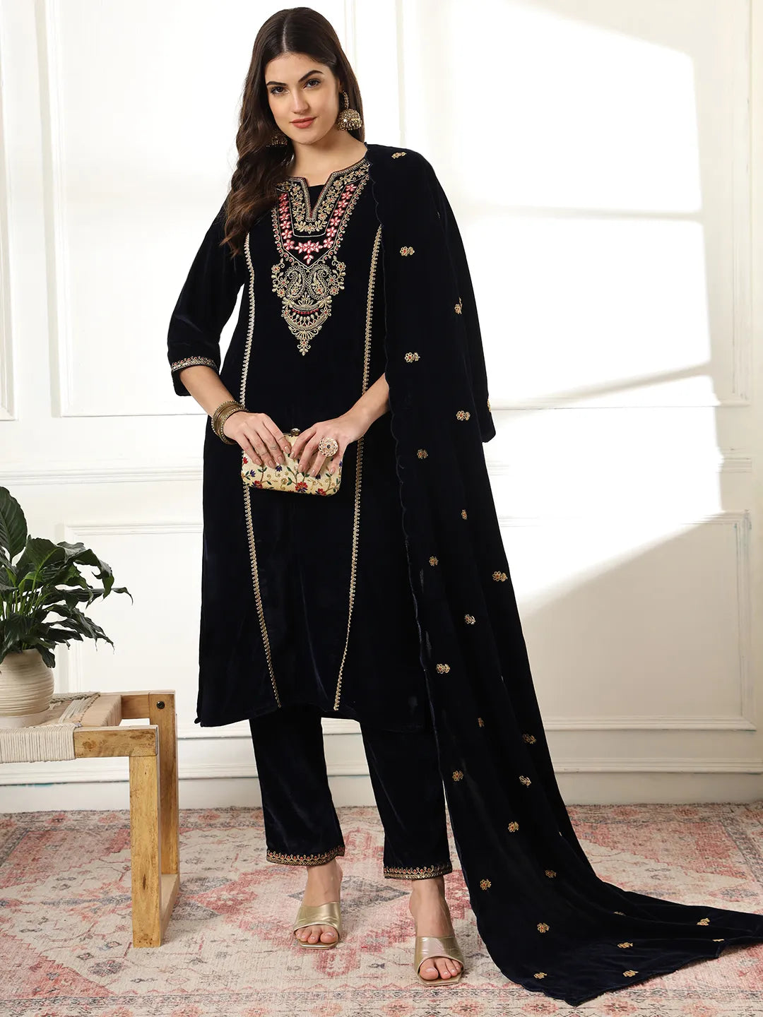 Velvet Black Kurta Dupatta Set With Embroidery