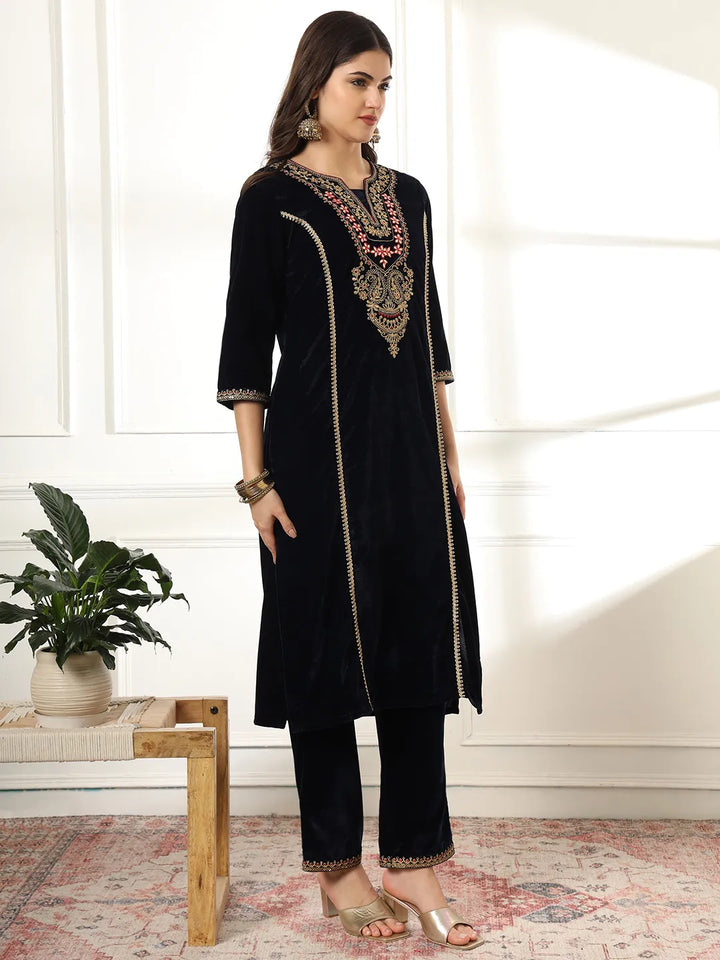 Velvet Black Kurta Dupatta Set With Embroidery