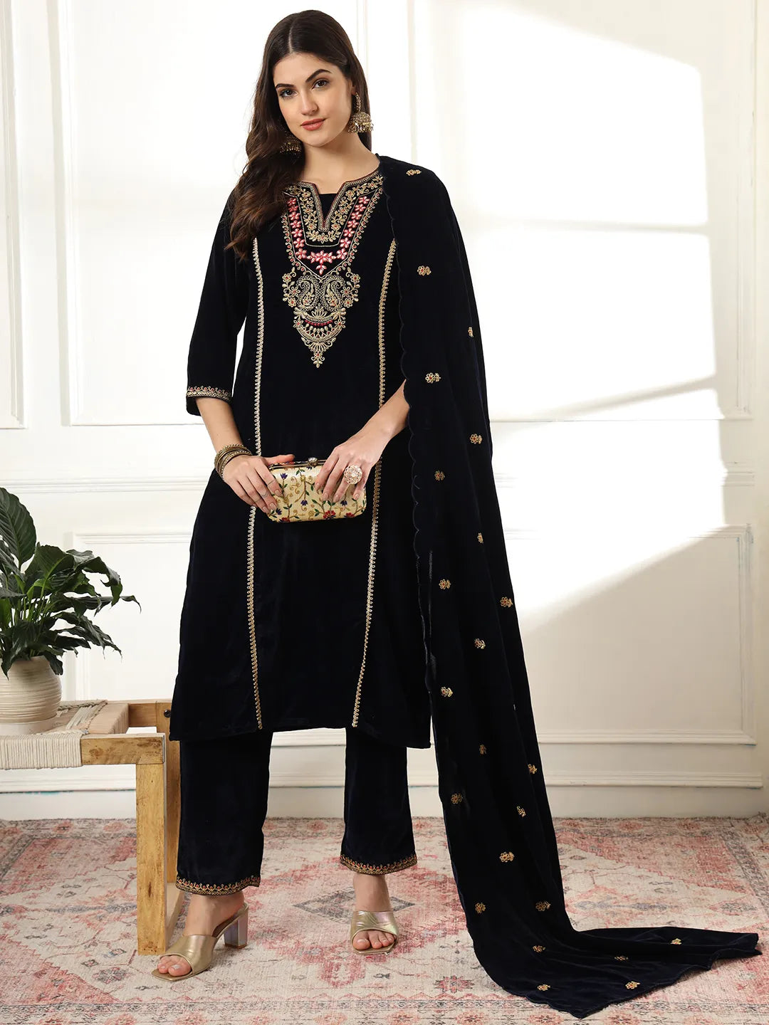 Velvet Black Kurta Dupatta Set With Embroidery