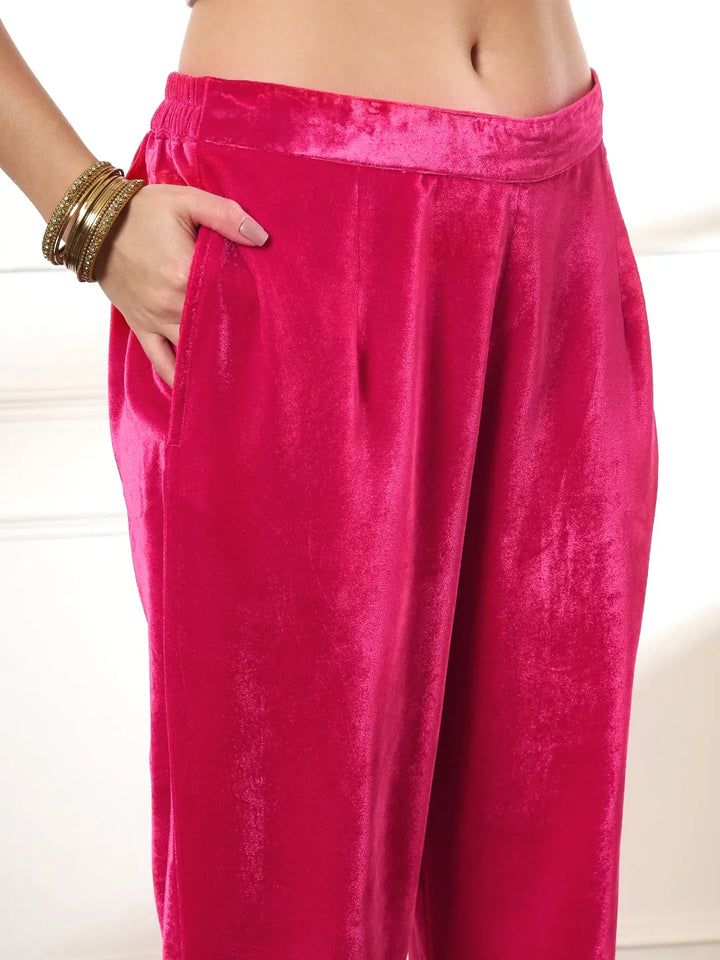 Pink Velvet Kurta Dupatta Set With Embroidery