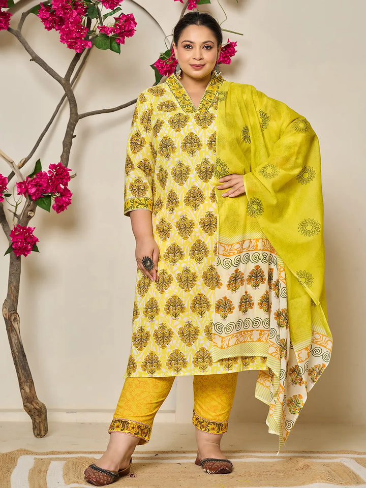 Yellow Ethnic Motifs Sequins Work Straight Plus Size Kurta Trouser Dupatta Set