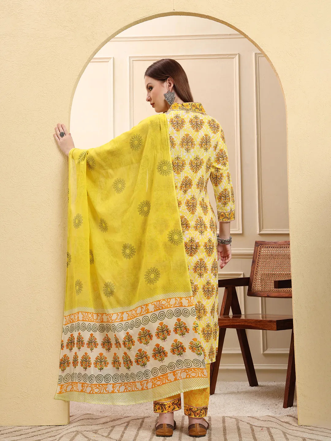 Yellow Ethnic Motifs Sequins Work Straight Kurta Trouser Dupatta Set