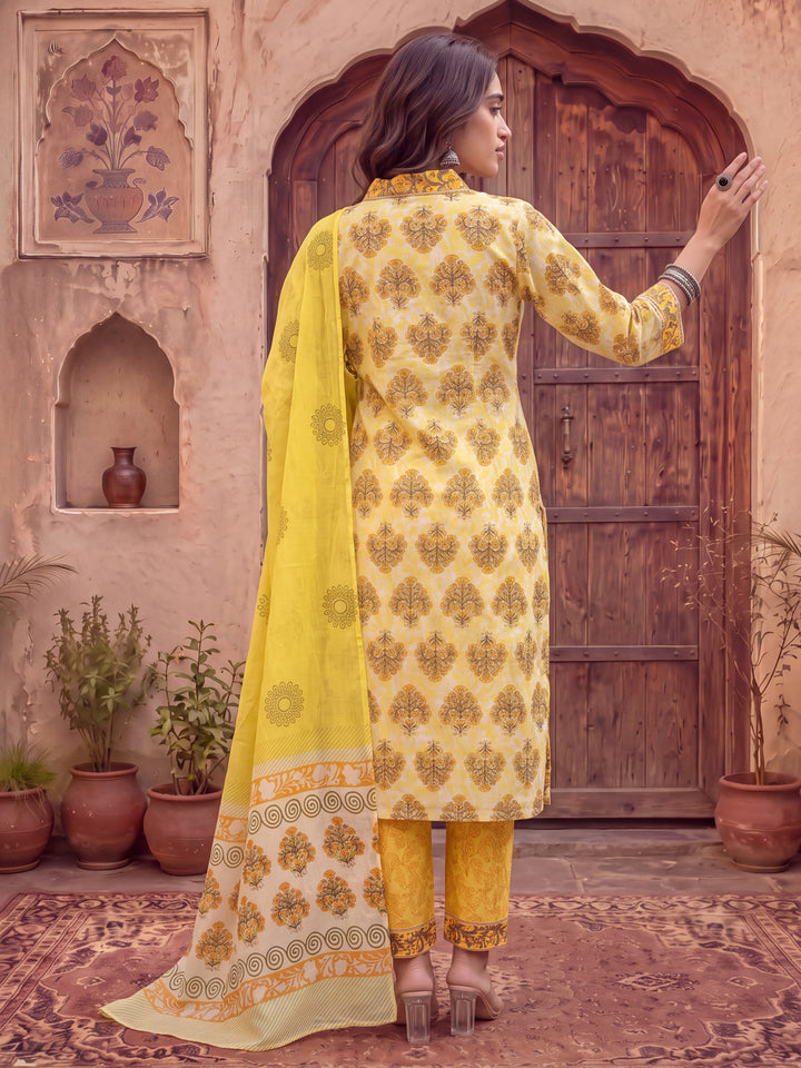 Yellow Ethnic Motifs Sequins Work Straight Kurta Trouser Dupatta Set