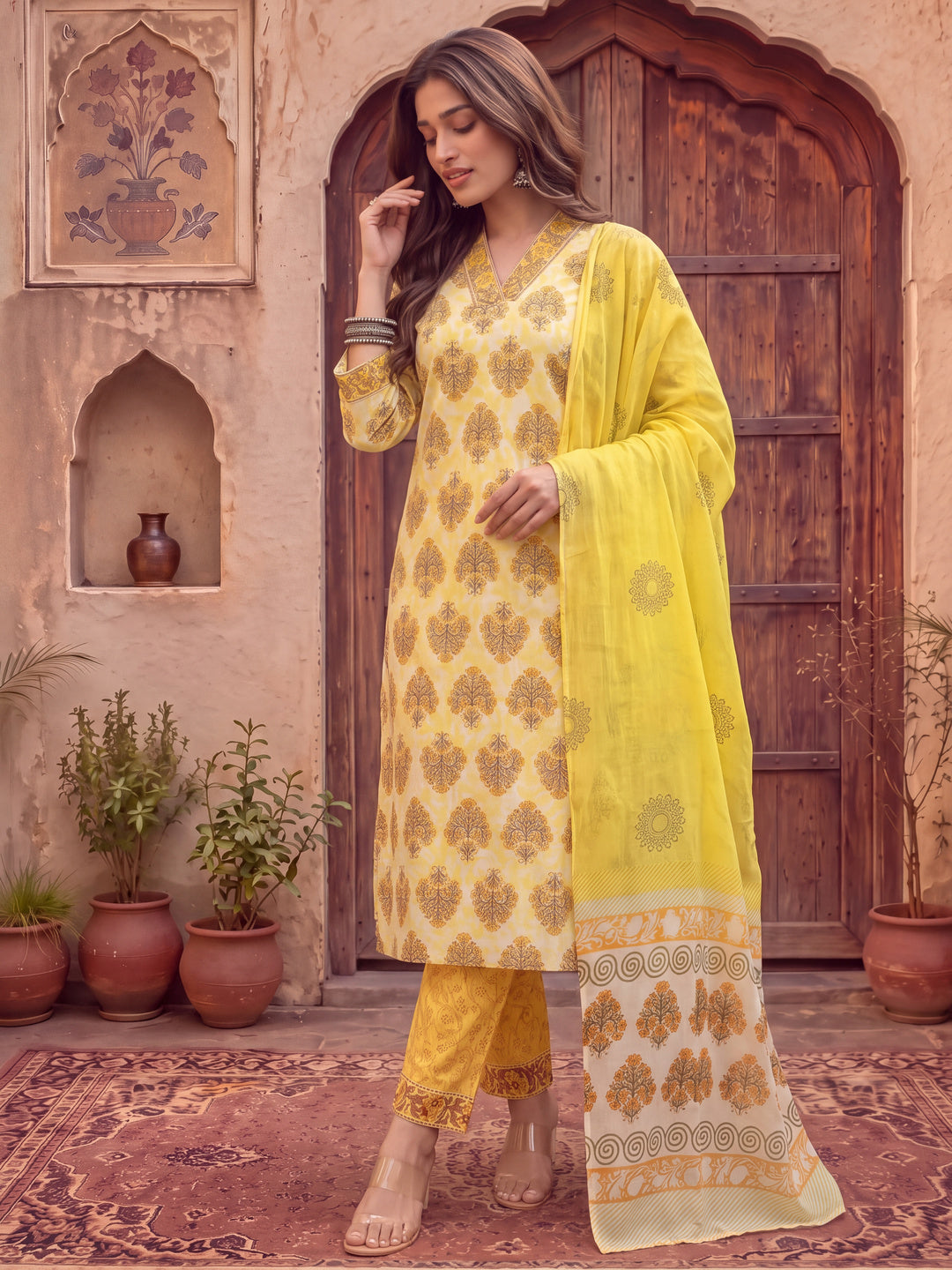 Yellow Ethnic Motifs Sequins Work Straight Kurta Trouser Dupatta Set