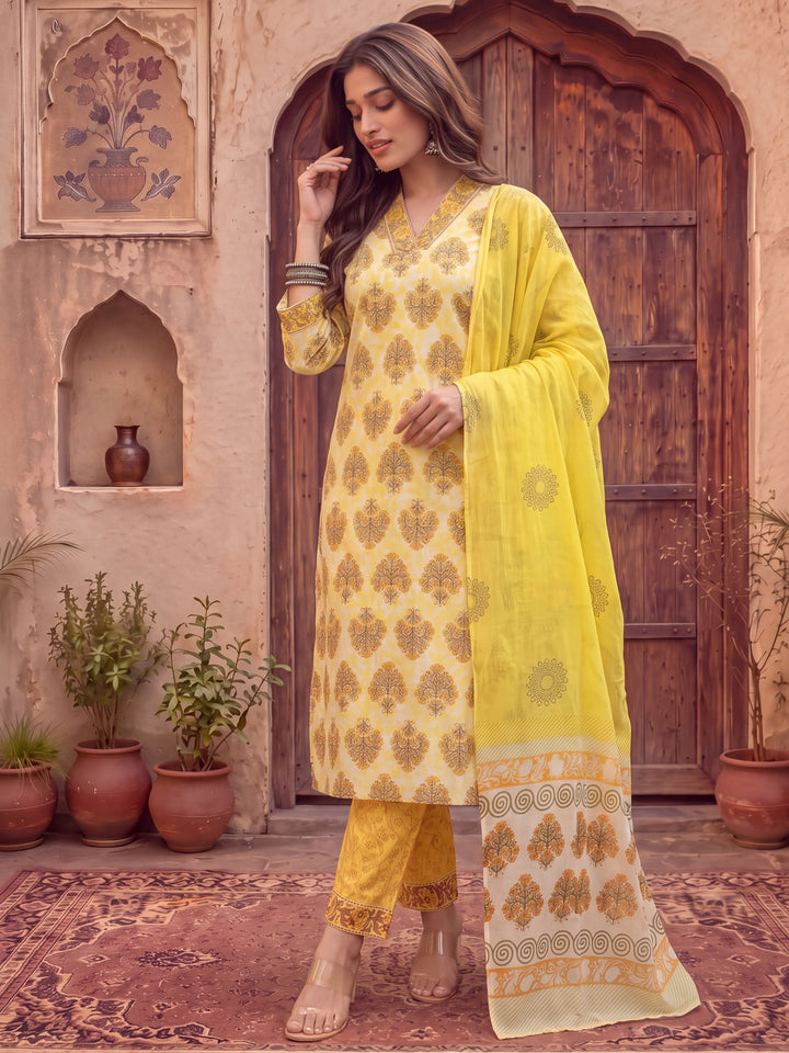 Yellow Ethnic Motifs Sequins Work Straight Kurta Trouser Dupatta Set