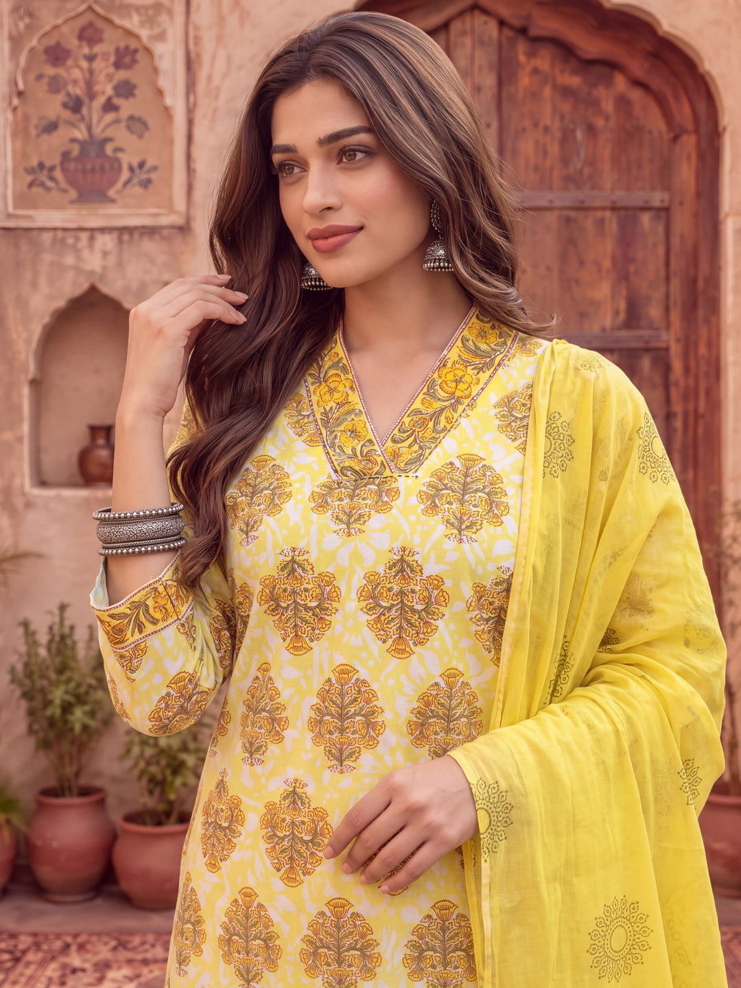 Yellow Ethnic Motifs Sequins Work Straight Kurta Trouser Dupatta Set