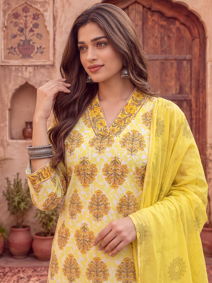 Yellow Ethnic Motifs Sequins Work Straight Kurta Trouser Dupatta Set