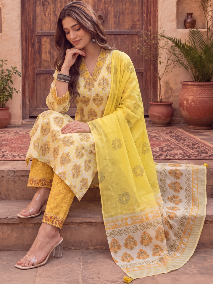 Yellow Ethnic Motifs Sequins Work Straight Kurta Trouser Dupatta Set