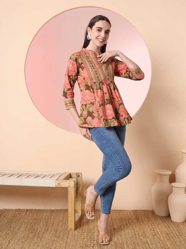 Peach Pure Cotton Gathered Or Pleated Top