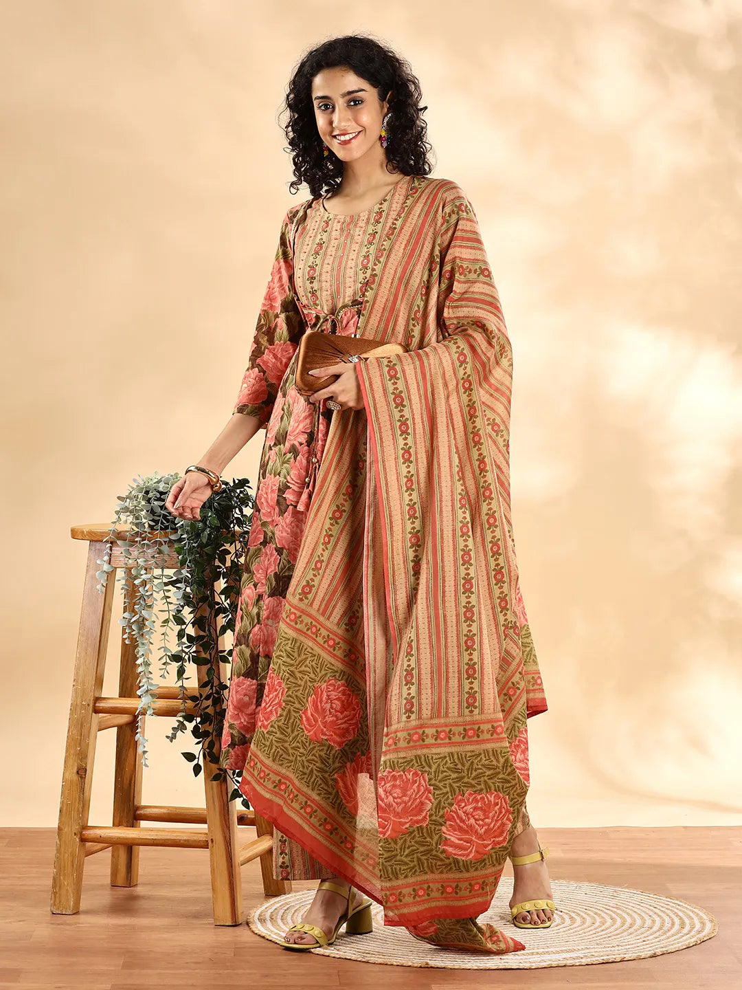 Peach Floral Print Sequins_Work Anarkali Kurta And Trouser With Dupatta Set